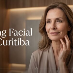 Mulher elegante e confiante exibindo o contorno da mandíbula rejuvenescido após procedimento de lifting facial.
